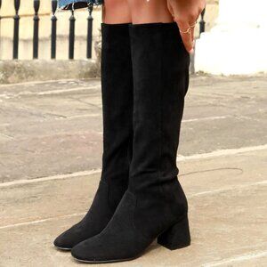 Suede Leather Knee High Sheepskin Boots US 5.5 Black